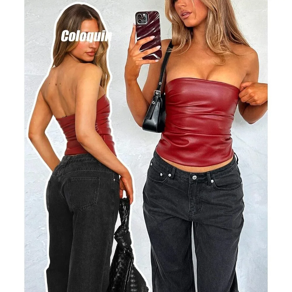 Women Faux Leather Sexy Ruched Strapless Tube Top for Night Out Party - Picture 3 of 6